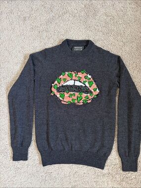 Markus Lupfer Merino Wool Grey Sweater Sequins Pink Green Lips XS Designer Artsy